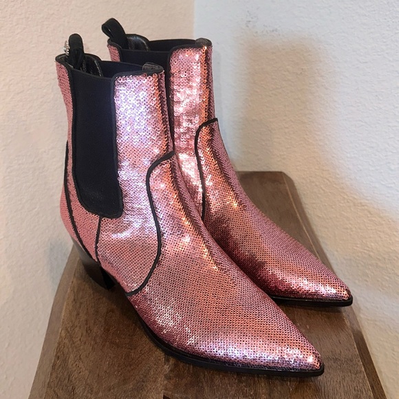 Paige Willa Chelsea Booties Pink Sequined Ankle Gored Boots 7.5 - Picture 1 of 13